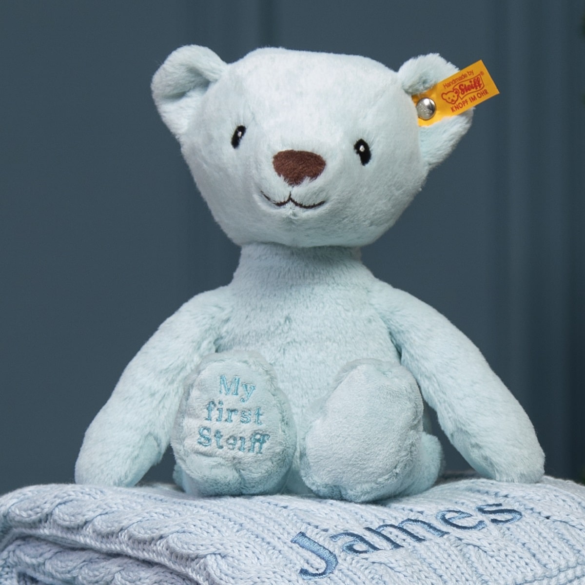 My First Steiff Teddy Bear blue soft toy and Toffee Moon luxury cable blanket gift set