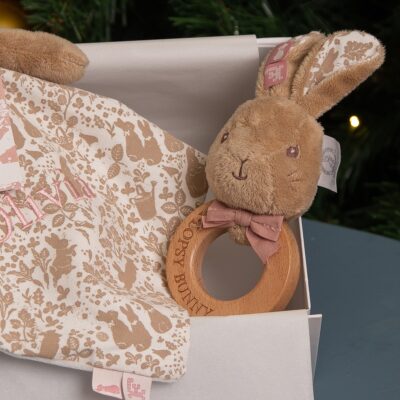 Flopsy Bunny signature collection personalised baby comfort blanket and wooden rattle gift set 2