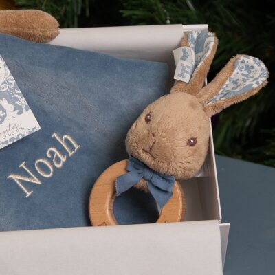 Peter Rabbit signature collection personalised baby comfort blanket and wooden rattle gift set 2
