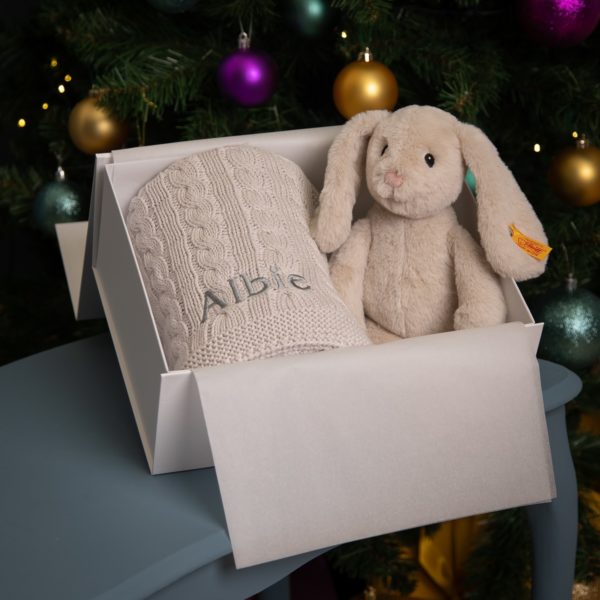 My First Steiff Hoppie Bunny beige soft toy and Toffee Moon luxury cable blanket gift set