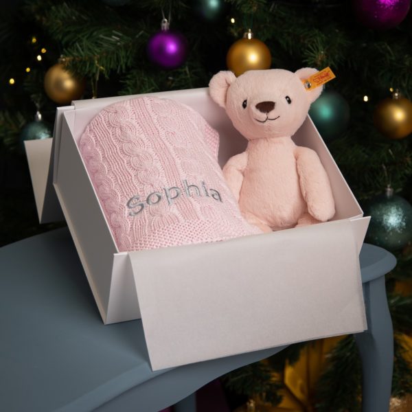 My First Steiff Teddy Bear pink soft toy and Toffee Moon luxury cable blanket gift set