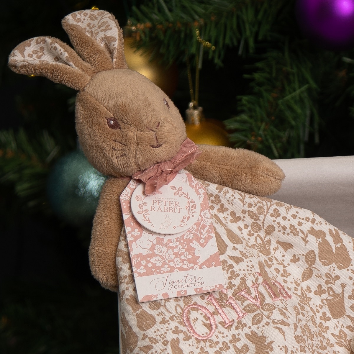 Flopsy Bunny signature collection personalised baby comfort blanket and wooden rattle gift set