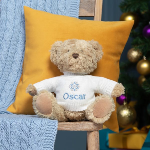 Personalised Keel sherwood medium teddy bear soft toy with ‘Snowflake’ jumper