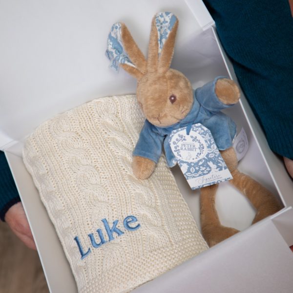 Toffee Moon personalised luxury cable baby blanket and Signature Collection Peter Rabbit soft toy