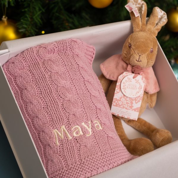 Toffee Moon personalised luxury cable baby blanket and Signature Collection Flopsy Bunny soft toy