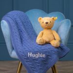 My First Steiff Teddy Bear beige soft toy and storm blue Toffee Moon luxury cable blanket gift set Blankets 3