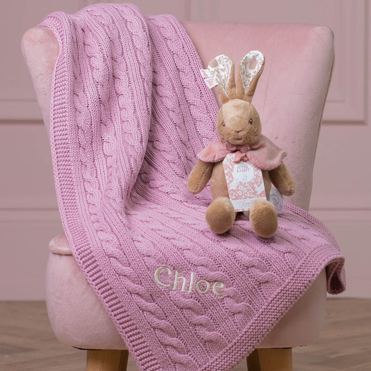 flopsy soft toy and personalised pink blanket