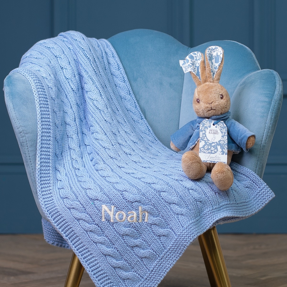 peter rabbit plush toy and blue personalised blanket