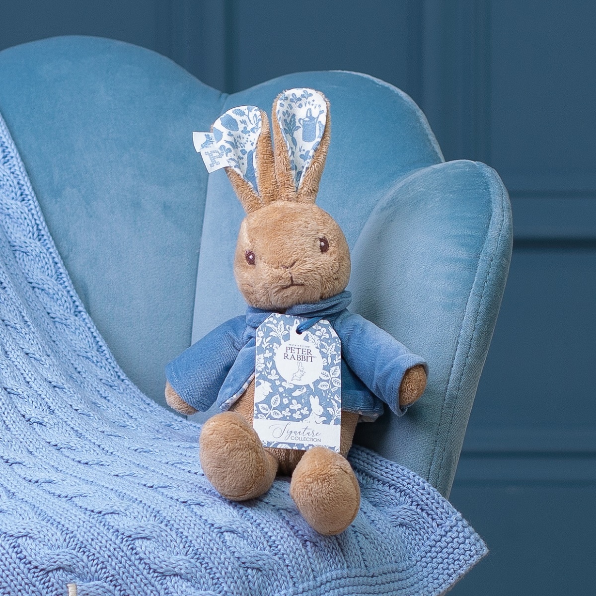 peter rabbit plush toy and blue personalised blanket