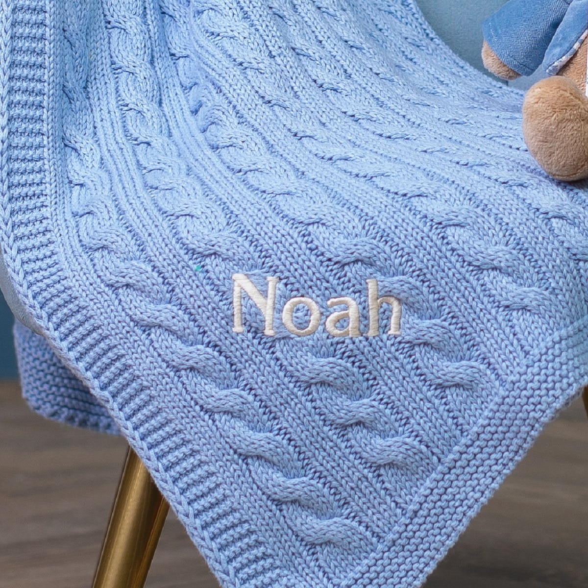 Toffee Moon personalised luxury cable baby blanket and Signature Collection Peter Rabbit soft toy