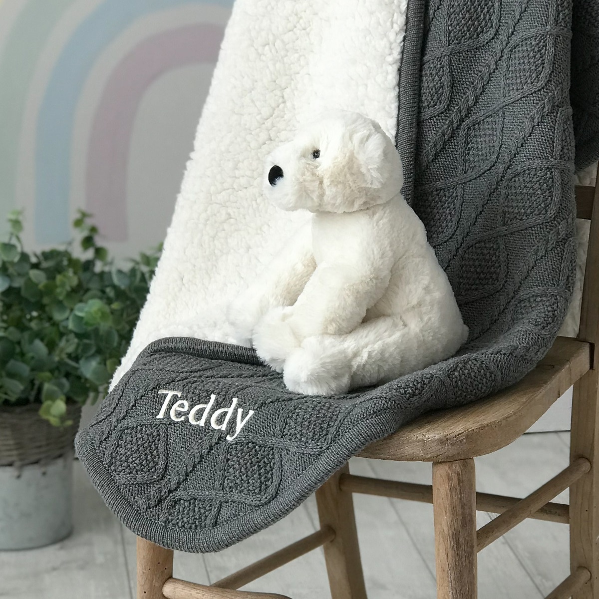 Ziggle personalised grey sherpa fleece cable baby blanket and Jellycat perry polar bear gift set