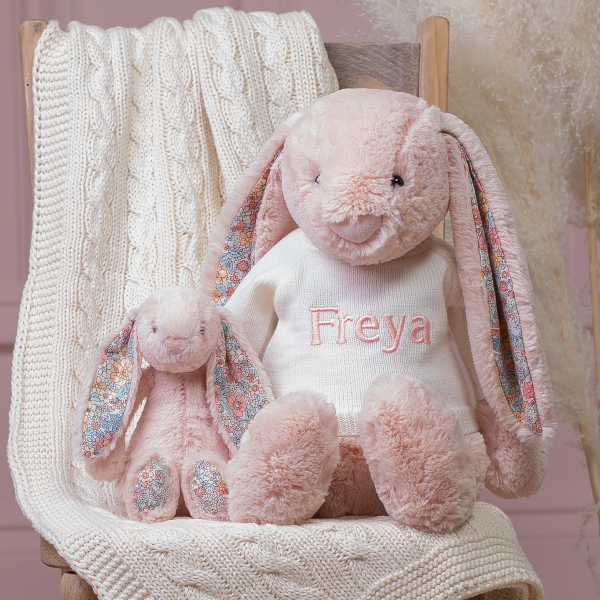 personalised floral freya bunny teddy large and small with blanket