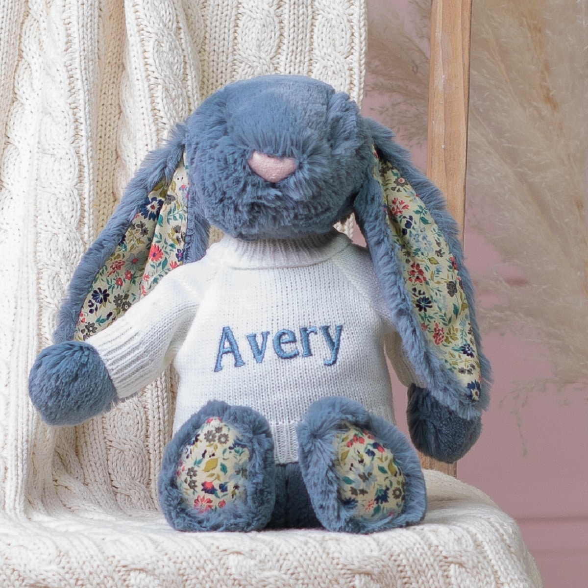 Personalised Jellycat dusky blue blossom bunny soft toy