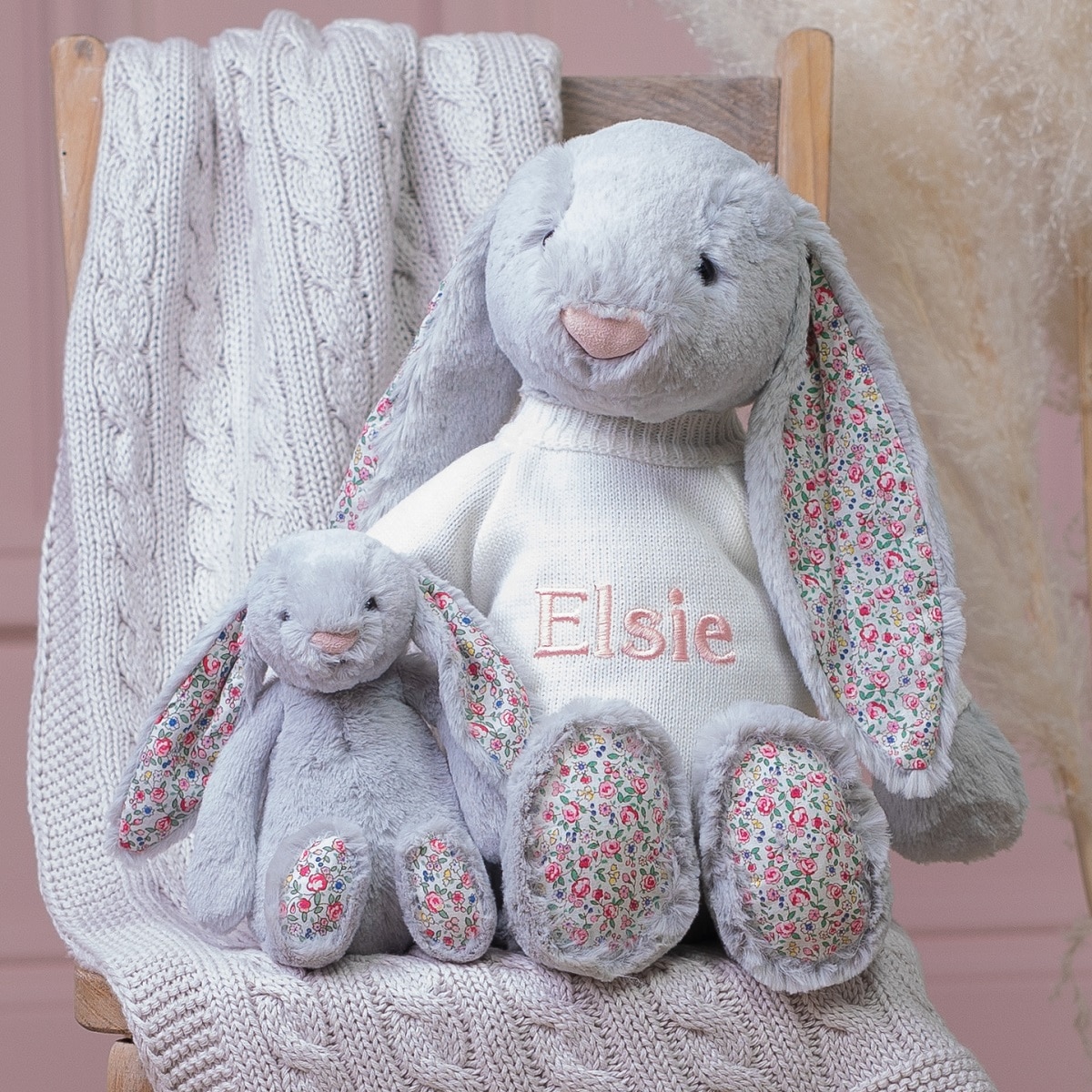 floral personalised bunny teddy large and small with blanket