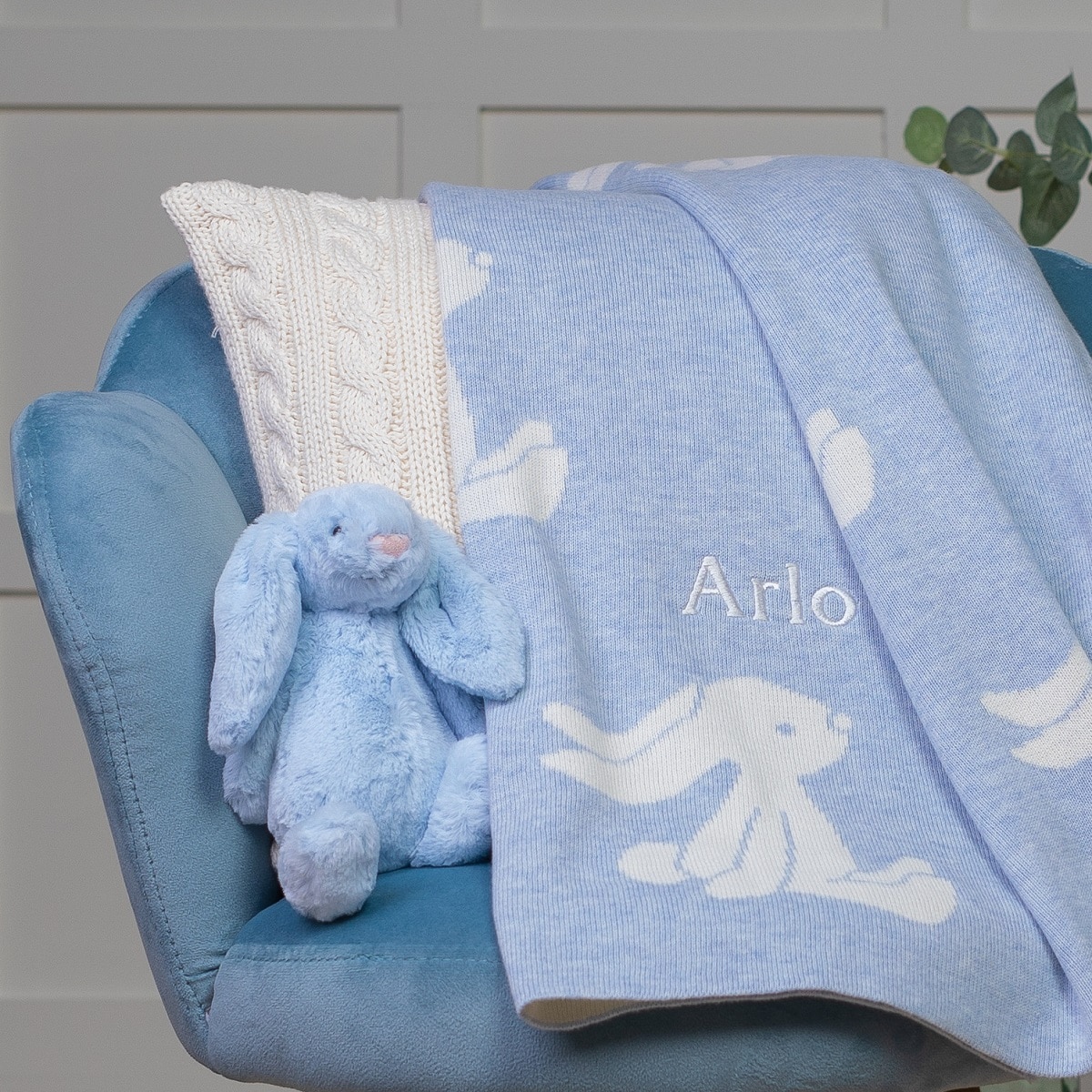 Personalised Jellycat blue bashful bunny baby blanket