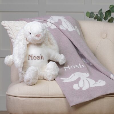 Personalised Jellycat beige bashful bunny and baby blanket gift set