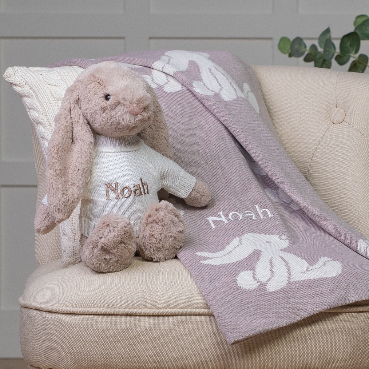 Personalised Jellycat beige bashful bunny and baby blanket gift set