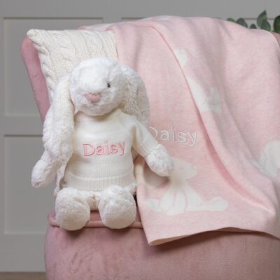 Personalised Jellycat pink bashful bunny and baby blanket gift set 2