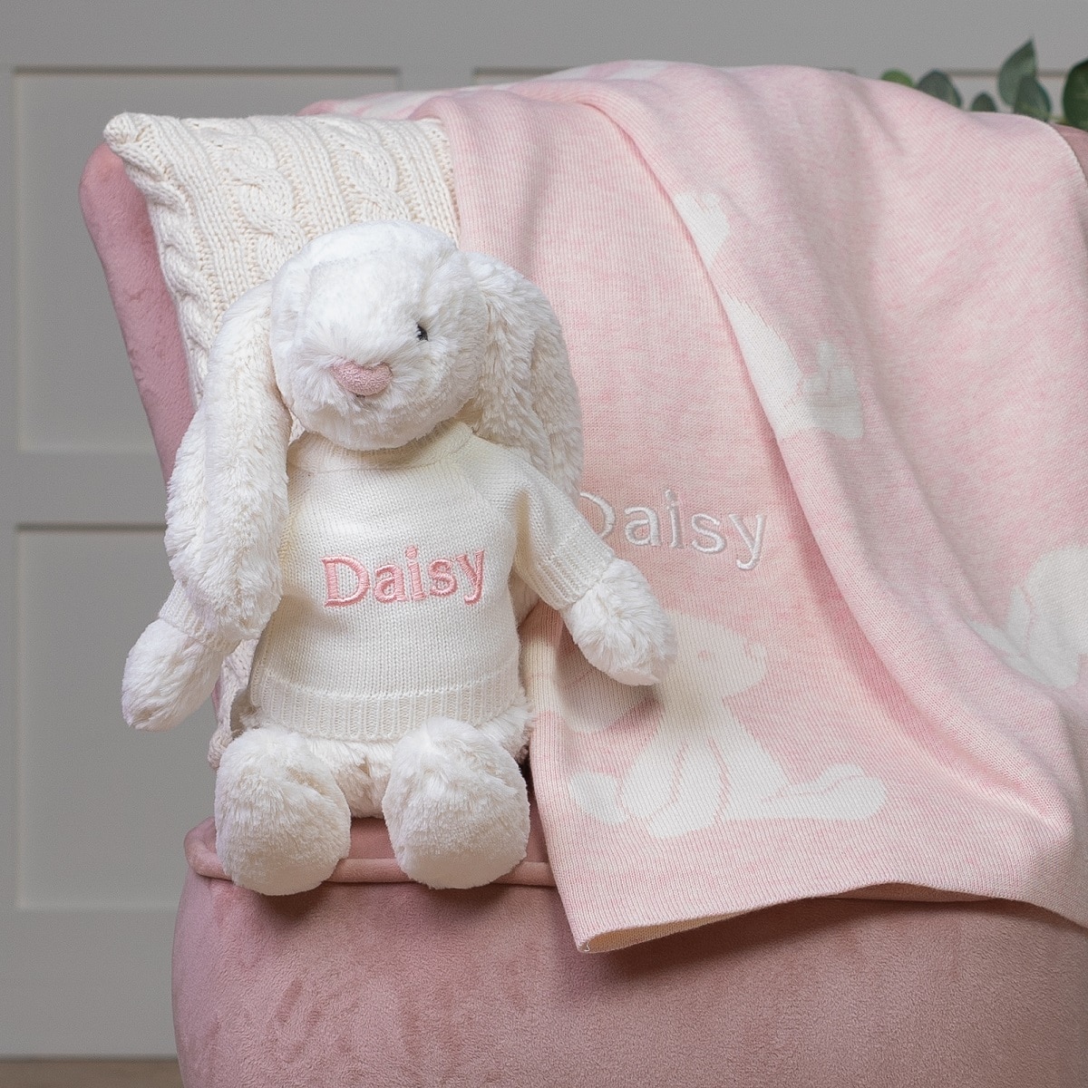Personalised Jellycat pink bashful bunny and baby blanket gift set