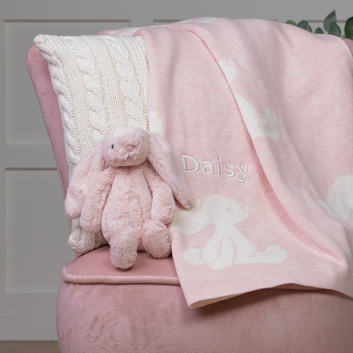 Personalised Jellycat pink bashful bunny and baby blanket gift set