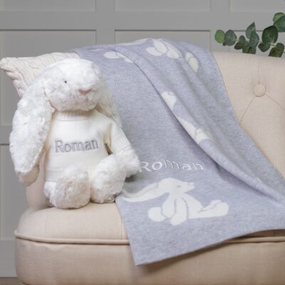Personalised Jellycat silver bashful bunny and baby blanket gift set 2