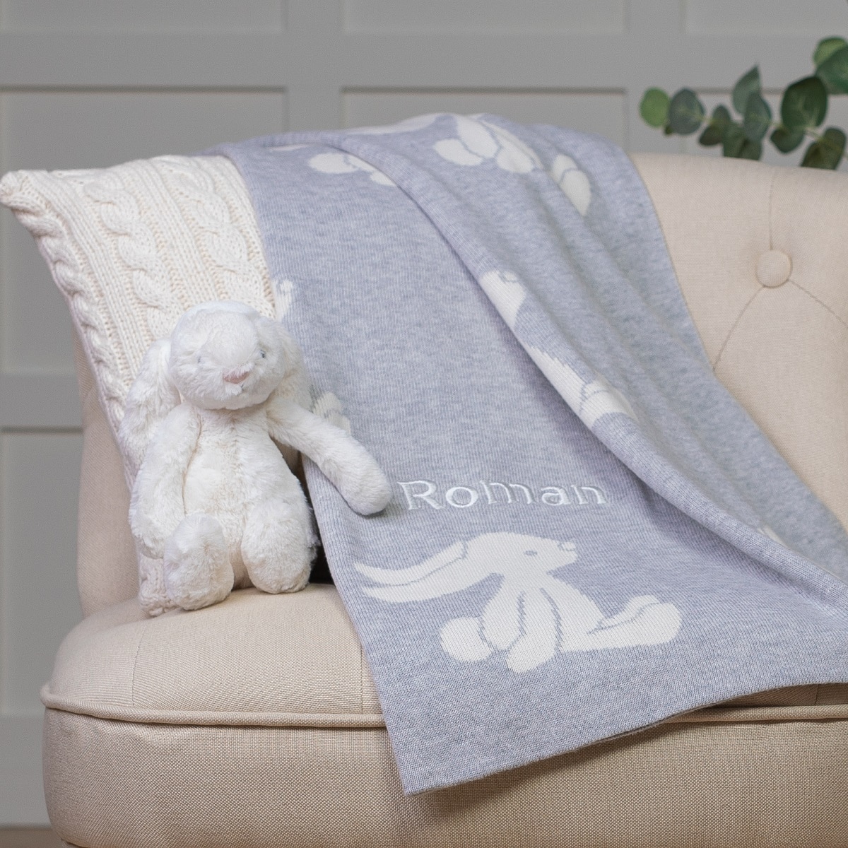 Personalised Jellycat silver bashful bunny and baby blanket gift set