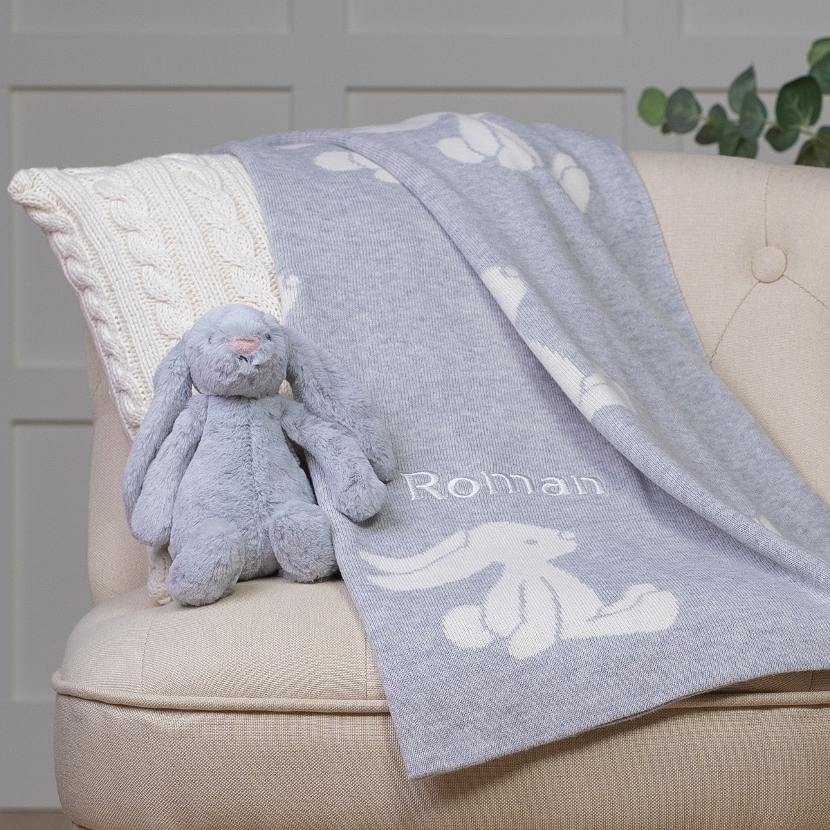 Personalised Jellycat silver bashful bunny and baby blanket gift set