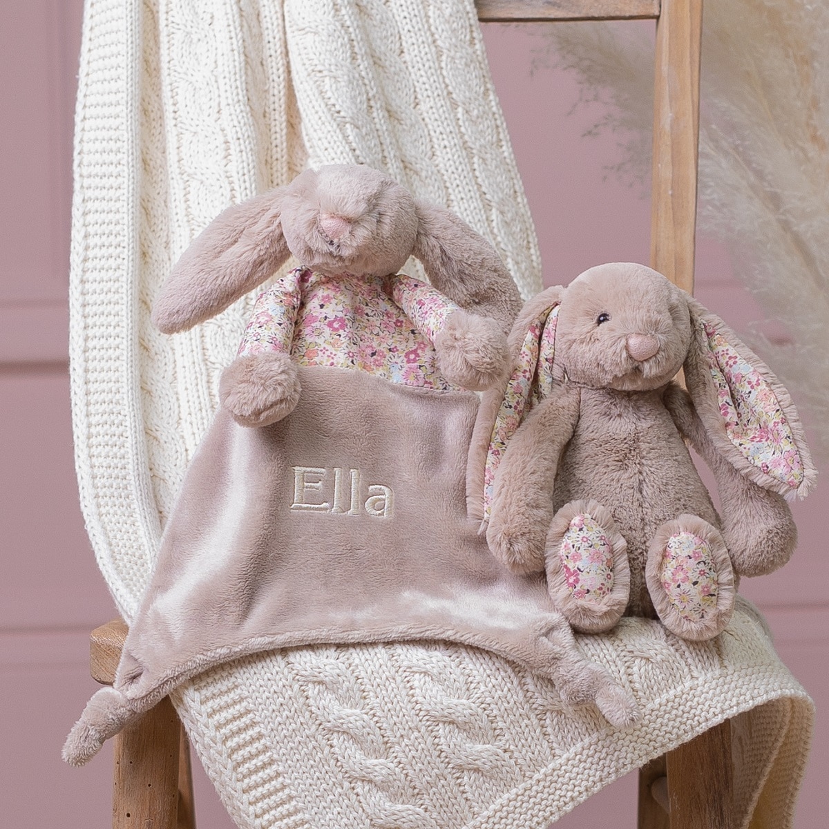 Personalised Jellycat bea beige blossom bunny comforter and soft toy gift set