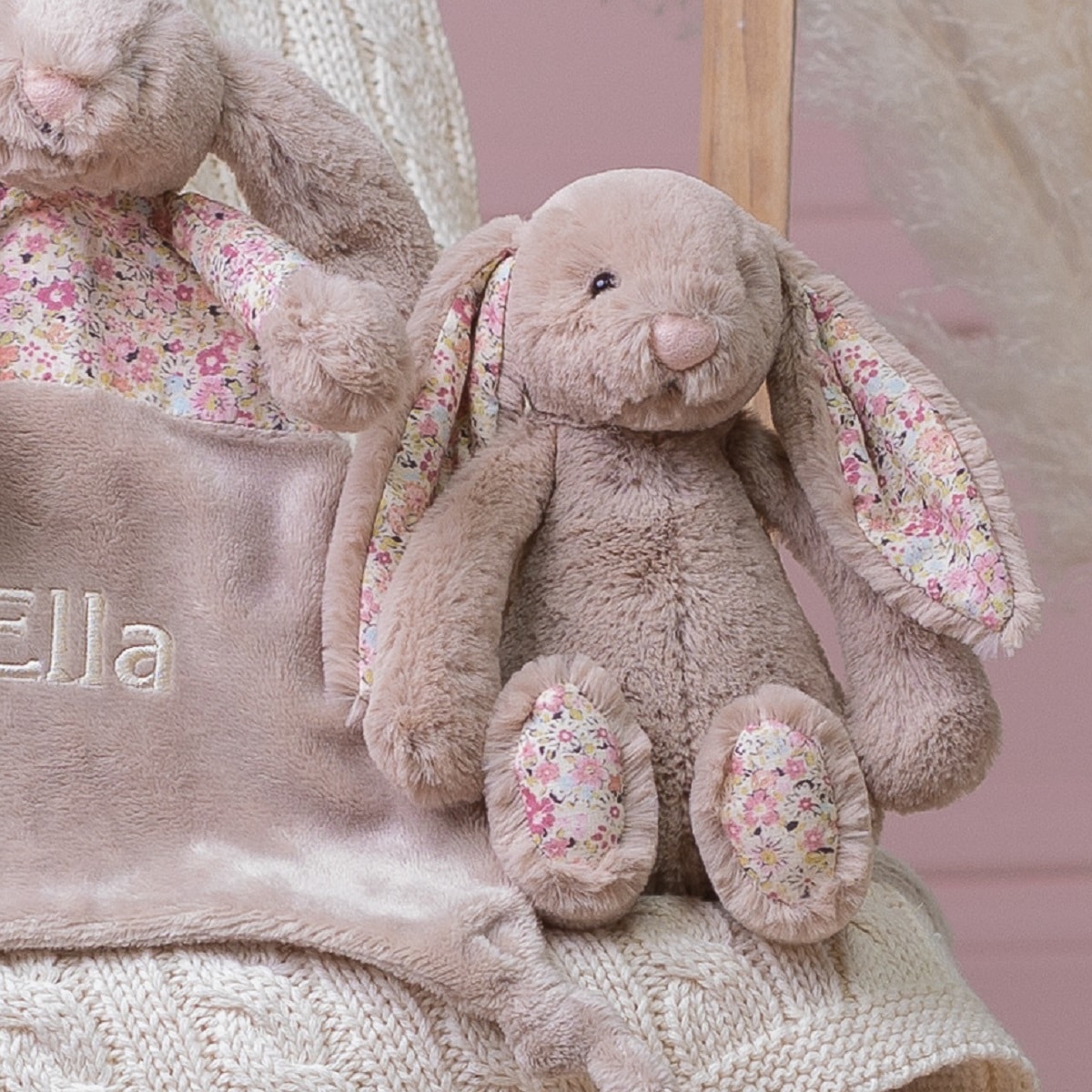 Personalised Jellycat bea beige blossom bunny comforter and soft toy gift set