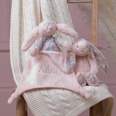 Personalised Jellycat blush pink blossom bunny comforter and soft toy gift set