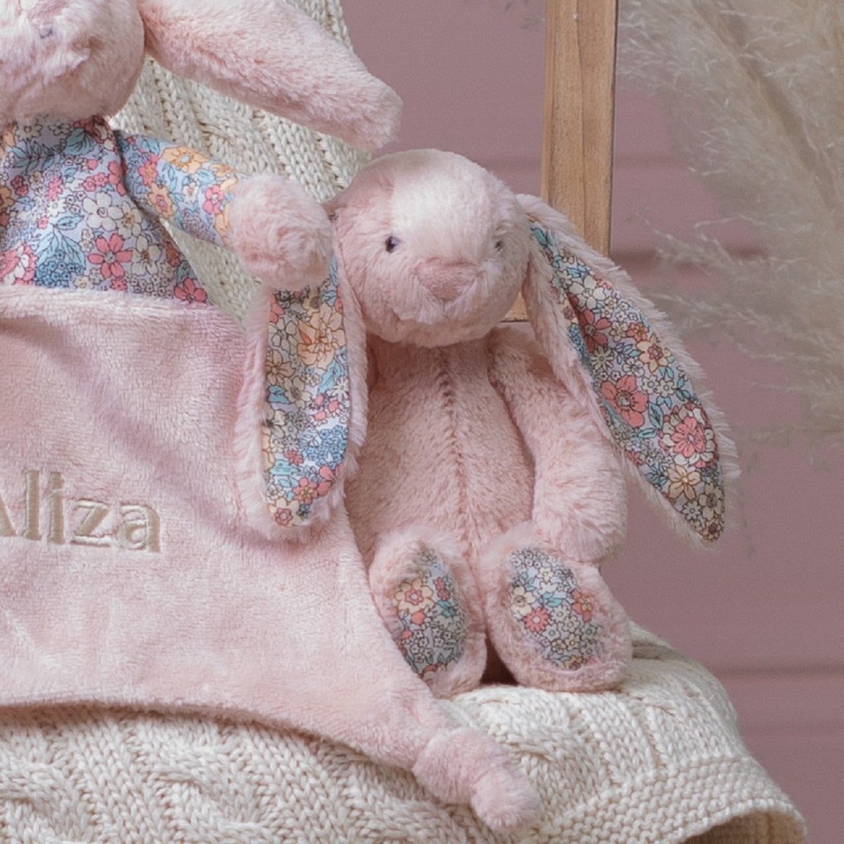 Personalised Jellycat blush pink blossom bunny comforter and soft toy gift set