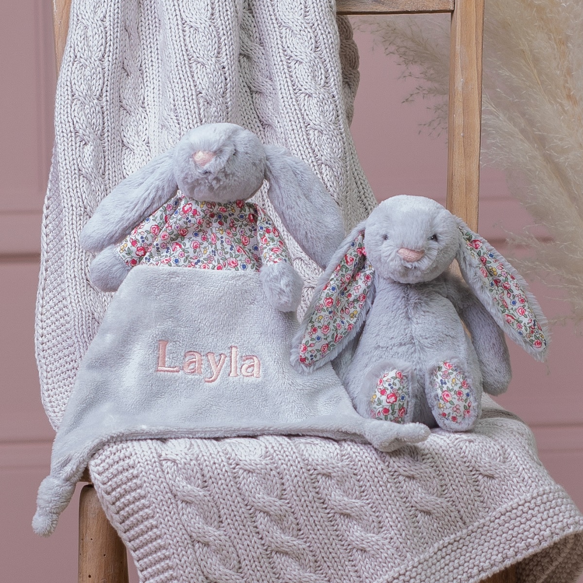 Personalised Jellycat silver blossom bunny comforter and soft toy gift set