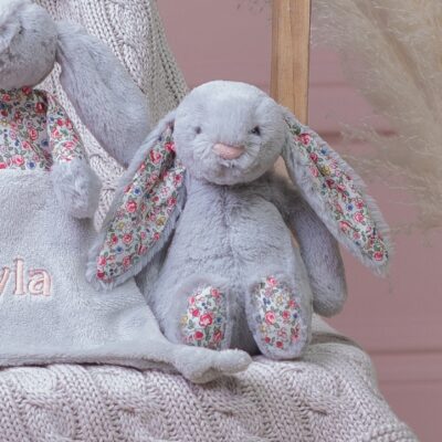 Personalised Jellycat silver blossom bunny comforter and soft toy gift set 2