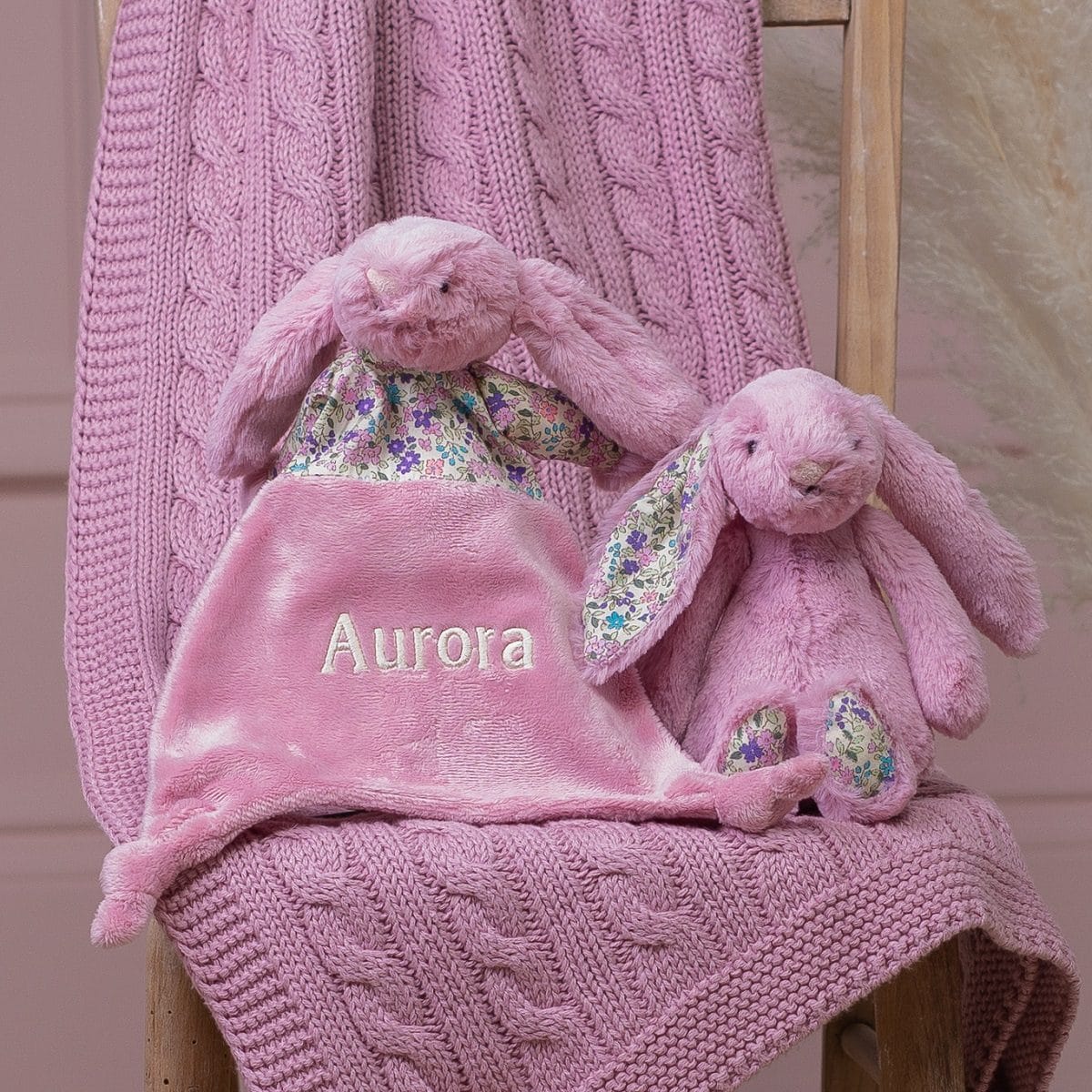 Personalised Jellycat tulip blossom bunny comforter and soft toy gift set