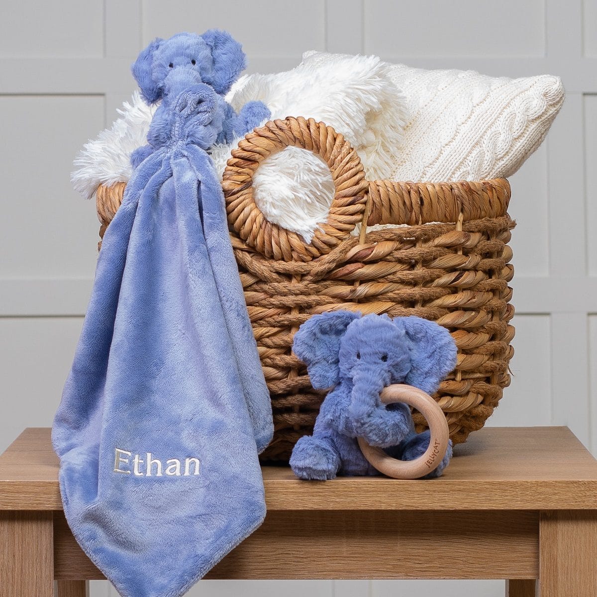 Personalised Jellycat Fuddlewuddle Elephant comforter and wooden teether gift set