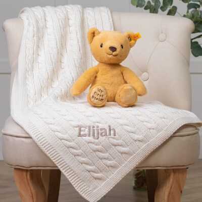 My First Steiff Teddy Bear beige soft toy and cream Toffee Moon luxury cable blanket gift set