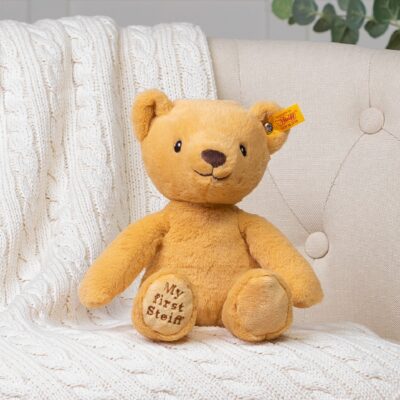 My First Steiff Teddy Bear beige soft toy and cream Toffee Moon luxury cable blanket gift set 3