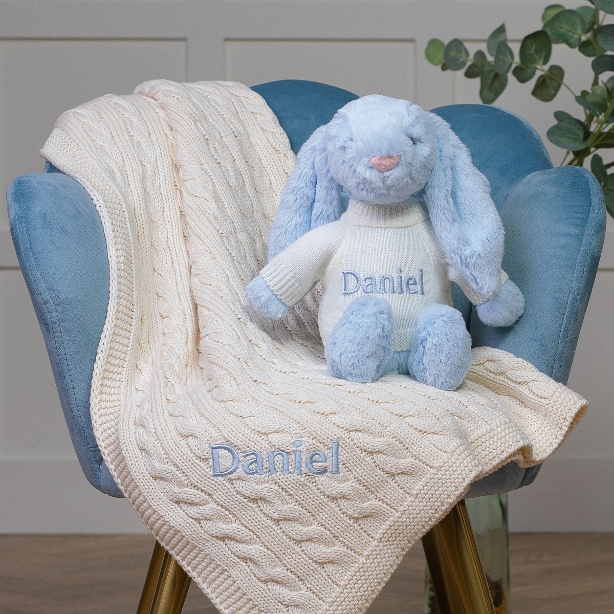 Personalised Toffee Moon luxury cable baby blanket and Jellycat bashful bunny set in pale blue/cream