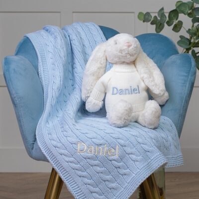 Personalised Toffee Moon luxury cable baby blanket and Jellycat bashful bunny set in pale blue/cream 2