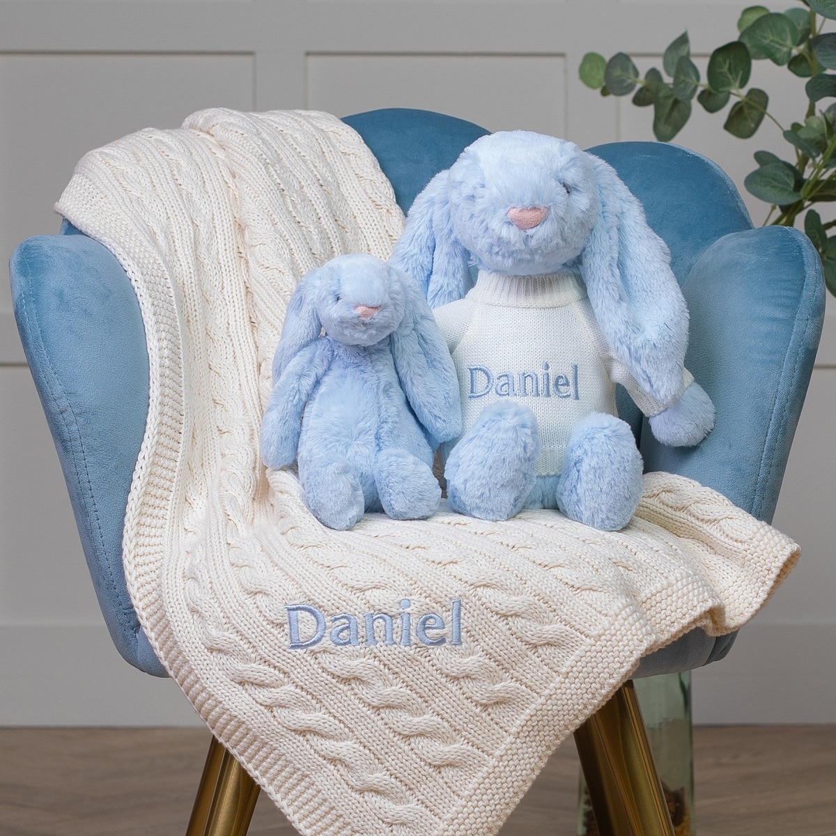 Personalised Toffee Moon luxury cable baby blanket and Jellycat bashful bunny set in pale blue/cream