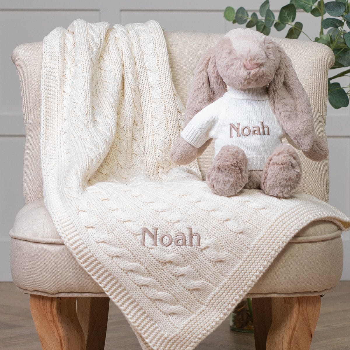 Personalised Toffee Moon luxury cream cable baby blanket and beige Jellycat bashful bunny