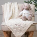 Personalised Toffee Moon luxury cream cable baby blanket and beige Jellycat bashful bunny Baby Gift Sets 3