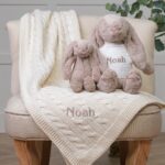 Personalised Toffee Moon luxury cream cable baby blanket and beige Jellycat bashful bunny Baby Gift Sets 4