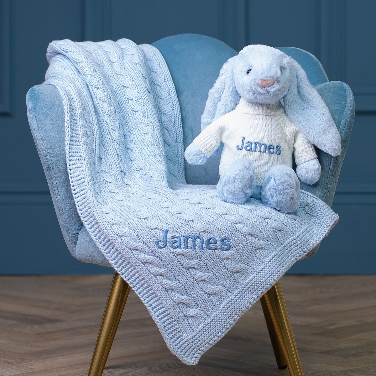 Personalised Toffee Moon luxury pale blue cable baby blanket and pale blue Jellycat bashful bunny Baby Gift Sets 2