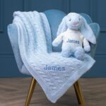 Personalised Toffee Moon luxury pale blue cable baby blanket and pale blue Jellycat bashful bunny Baby Gift Sets 3