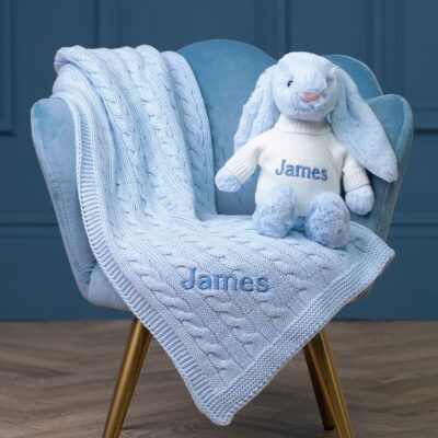 Personalised Toffee Moon luxury pale blue cable baby blanket and pale blue Jellycat bashful bunny Baby Gift Sets