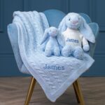 Personalised Toffee Moon luxury pale blue cable baby blanket and pale blue Jellycat bashful bunny Baby Gift Sets 4