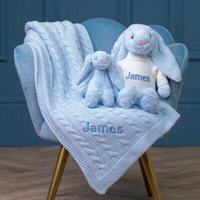 Personalised Toffee Moon luxury pale blue cable baby blanket and pale blue Jellycat bashful bunny 2
