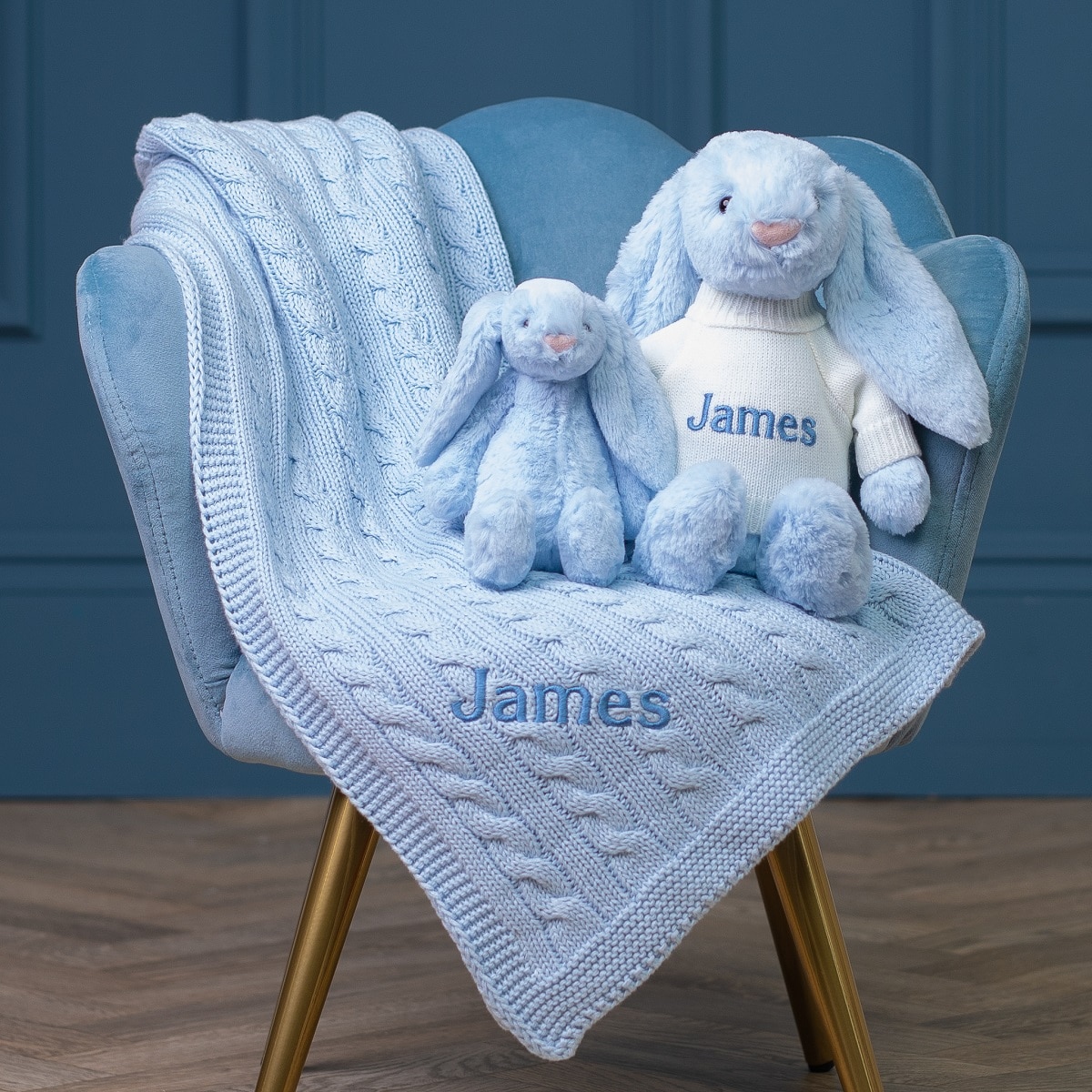 Personalised Toffee Moon luxury pale blue cable baby blanket and pale blue Jellycat bashful bunny