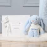 Personalised Toffee Moon luxury pale blue cable baby blanket and pale blue Jellycat bashful bunny Birthday Gifts 8